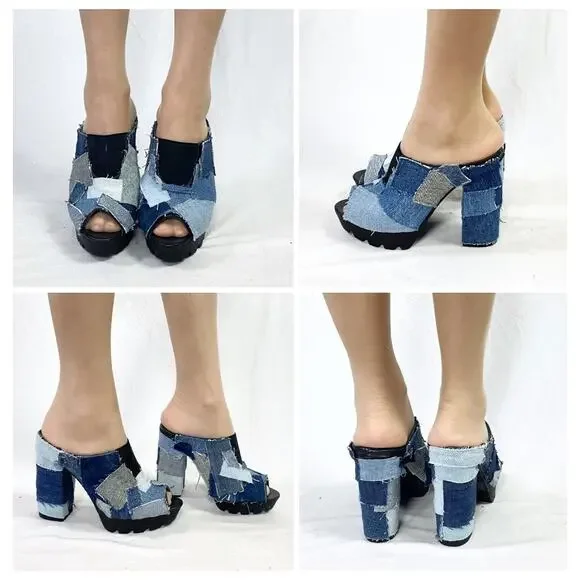 Retro Qupid Patchwork Denim Peep Toe Chunky Slip On Block Heel Mules Sz 7 - Picture 3 of 11